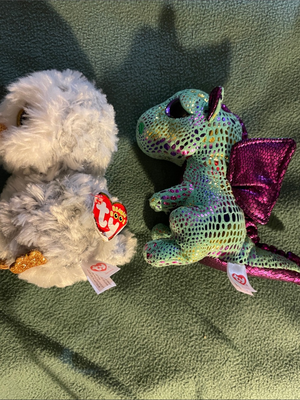 Ty White Owl Plush & Green Dragon Plush